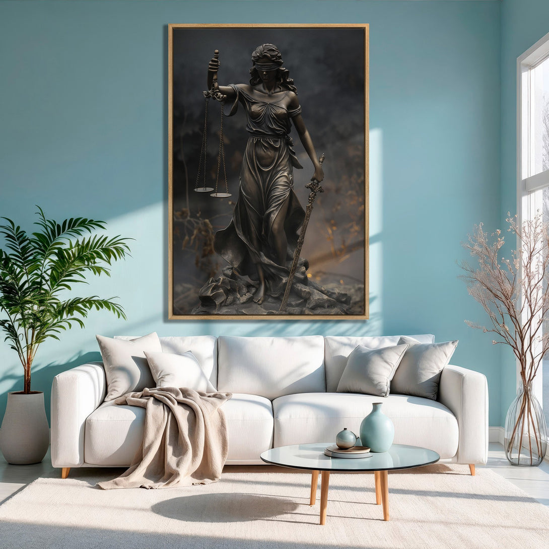 Framed Wall Art featuring Lady Justice sculpture in a modern interior. Bronze tones against a serene blue backdrop. Elevate your space with this elegant artwork.