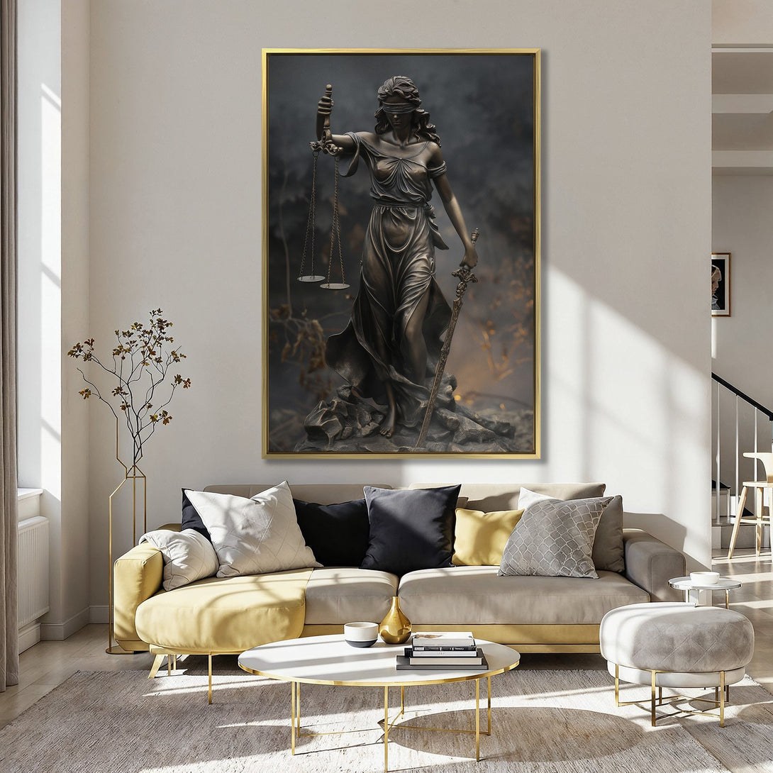 Canvas Print of Lady Justice statue in bronze tones, displayed in a stylish interior with a pink wall. Perfect for home decor!