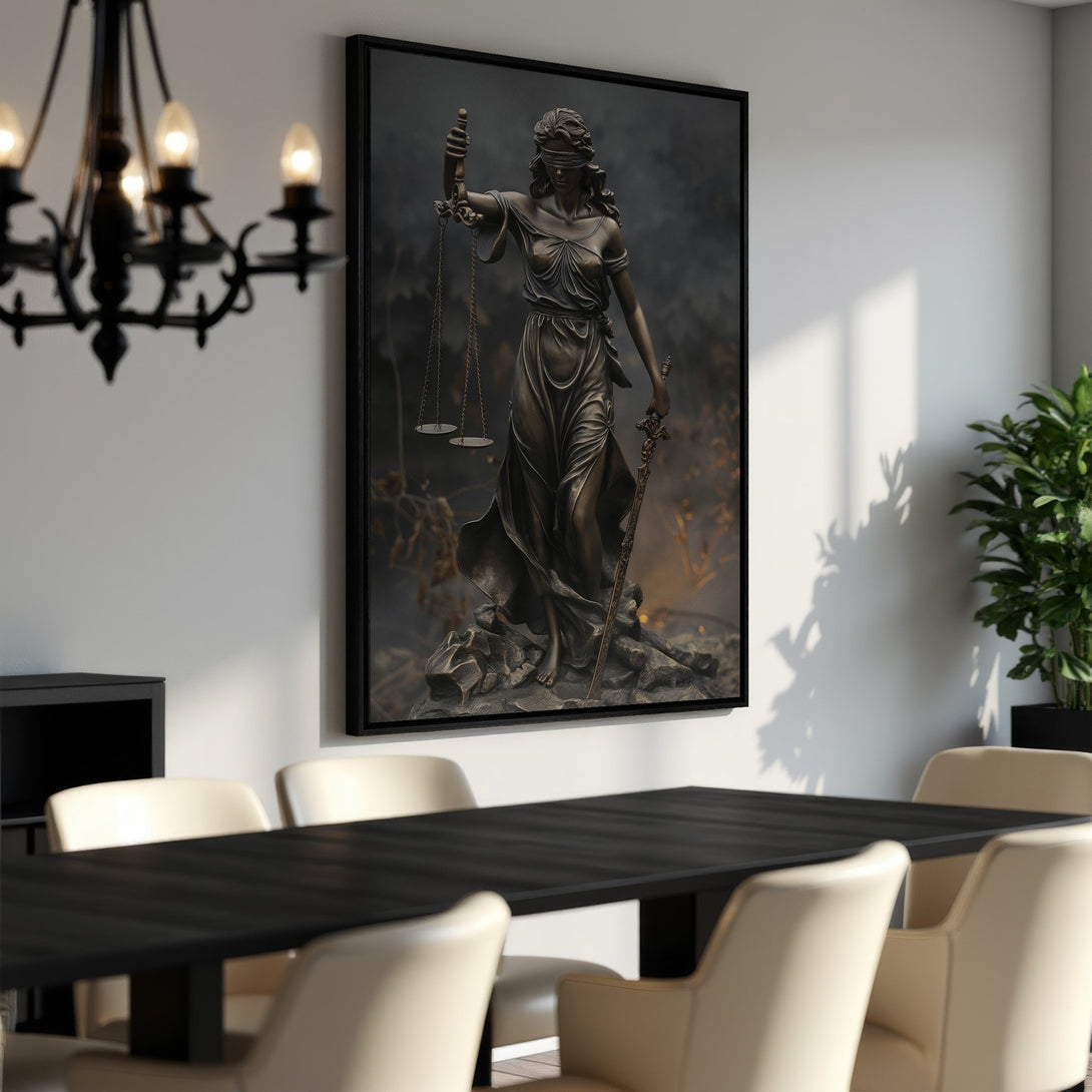 Framed Wall Art: Lady Justice Canvas Print in bronze tones. Elegant decor for dining room. Neutral color palette, perfect for any interior style.