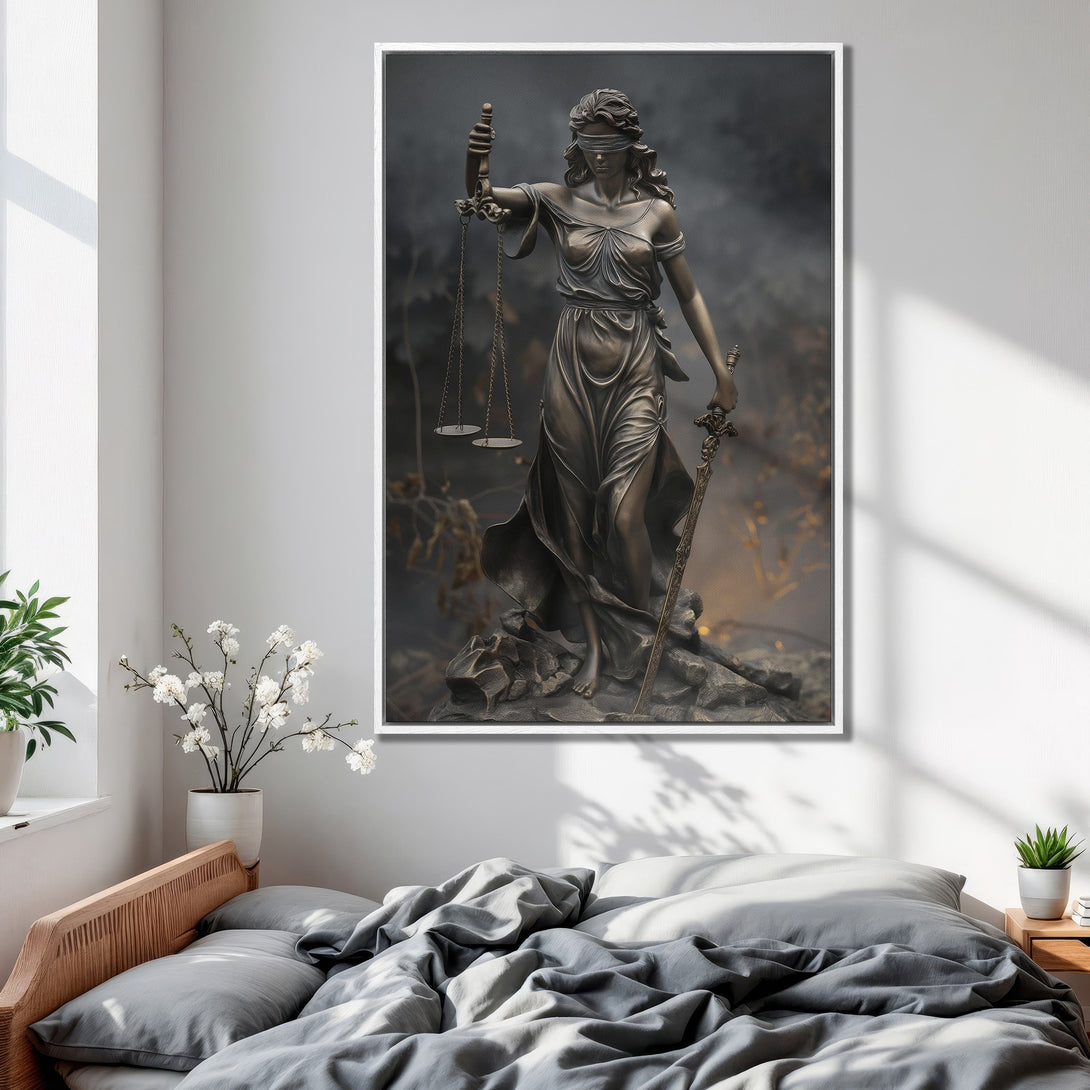 Framed Wall Art of Lady Justice statue in bronze tones, displayed in a bedroom. Classic art for home decor with a neutral color palette.
