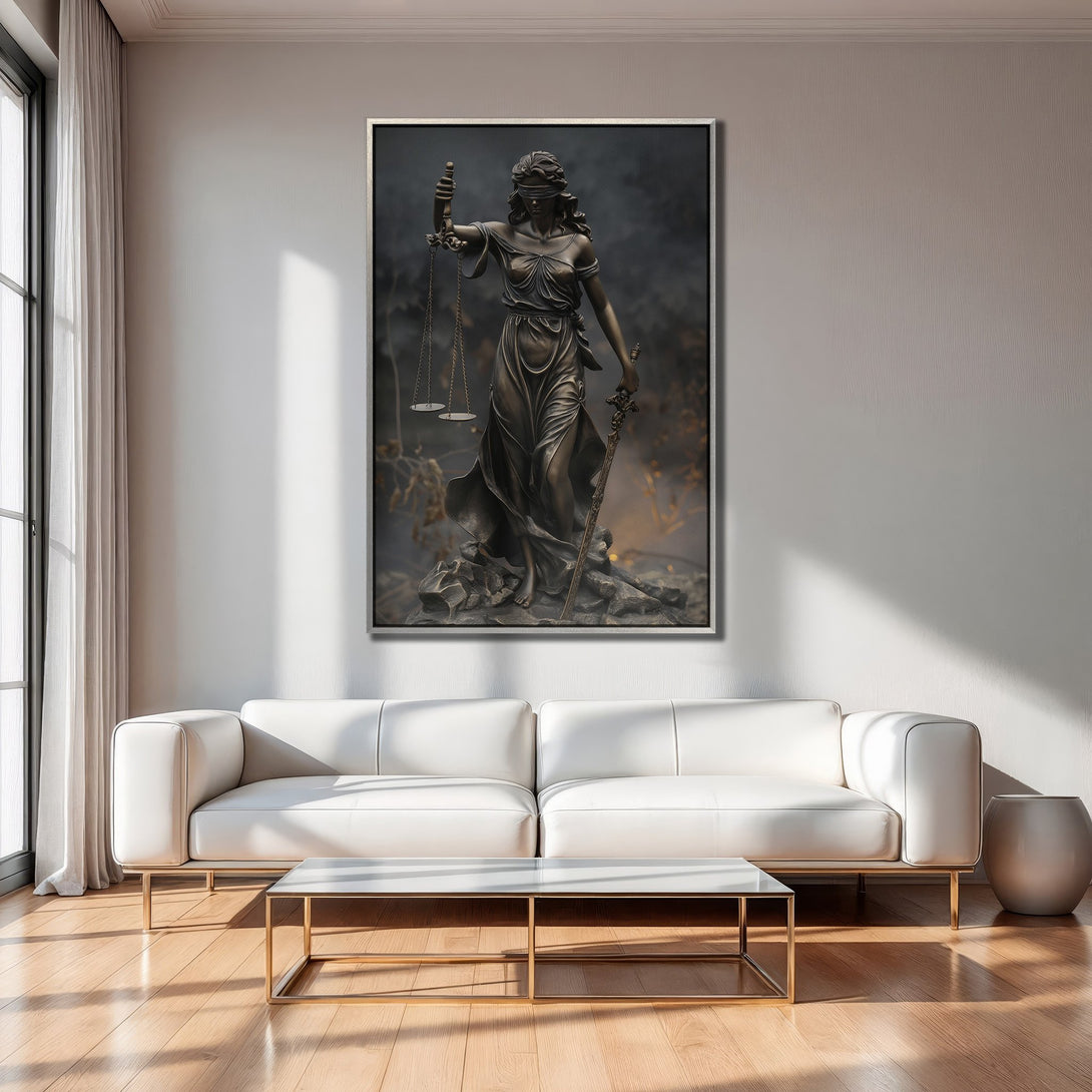 Framed Wall Art featuring Lady Justice statue in bronze tones, perfect for modern decor. Adds elegance with its neutral color palette.