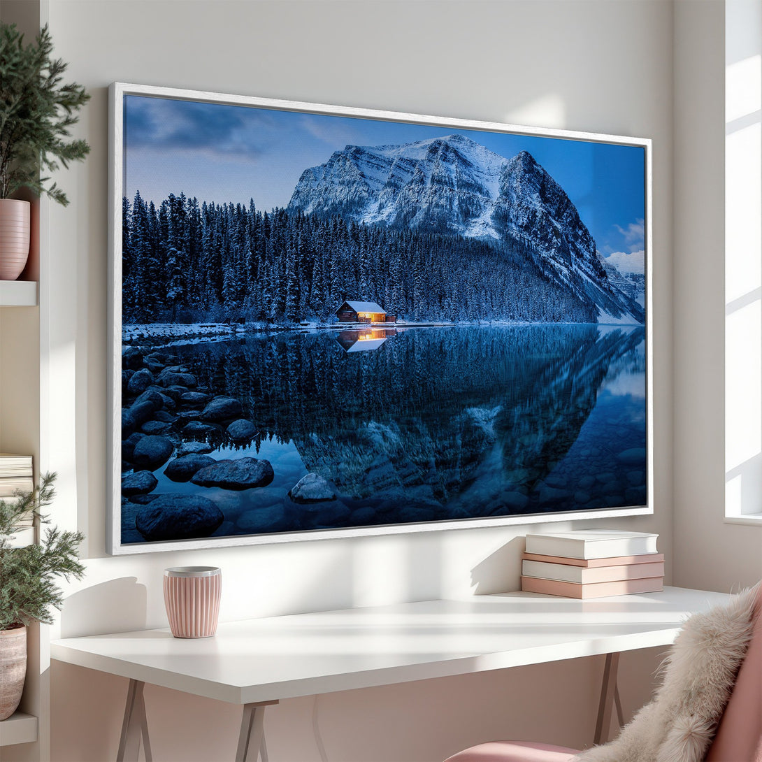 Framed Wall Art: Serene mountain lake scene in blue and white. Bring the beauty of nature into your home with this stunning Canvas Print.