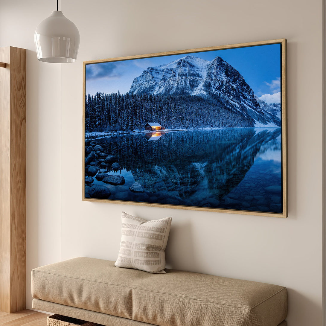 Framed Wall Art: Stunning winter mountain lake scene. Blue and white landscape Canvas Print adds a serene touch to any space. Shop now!