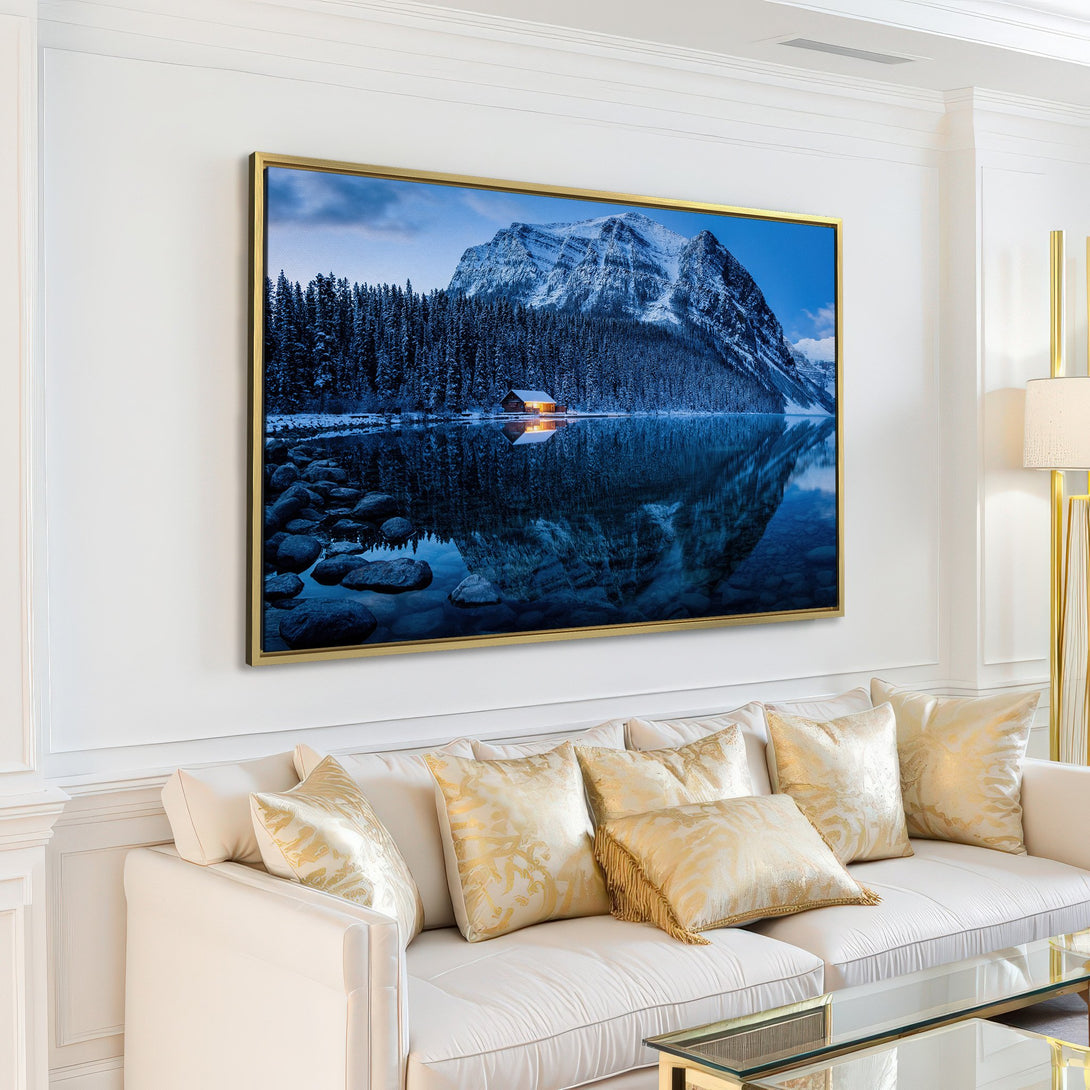 Canvas Print of a serene mountain lake scene in cool blue tones. Perfect for adding a touch of nature to your home decor.