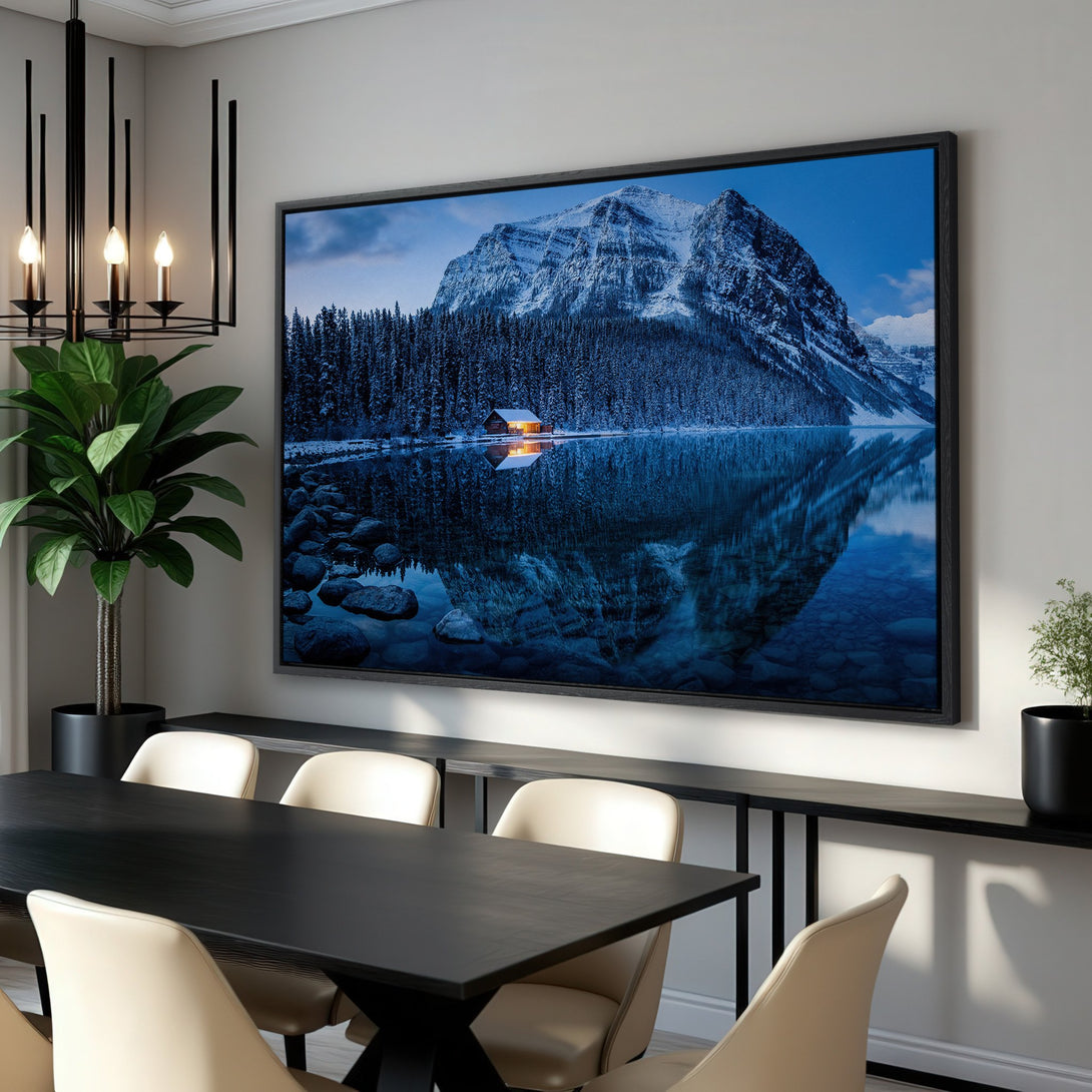 Framed Wall Art of a snowy mountain landscape. Stunning blue and white color palette. Perfect for adding a touch of nature to your home decor.