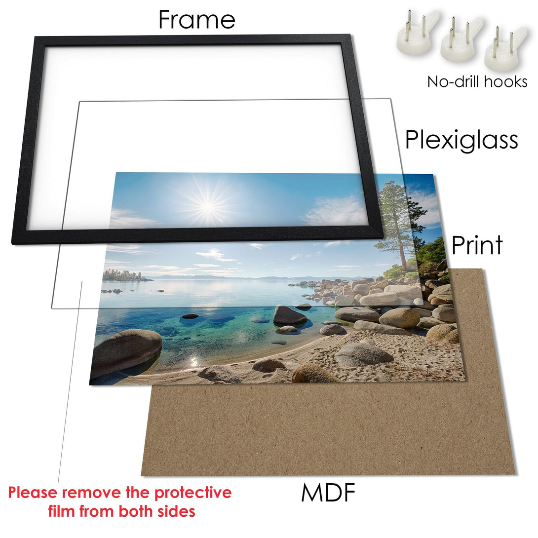 Framed Poster featuring a serene landscape scene with a blue and turquoise color palette. Perfect wall art!