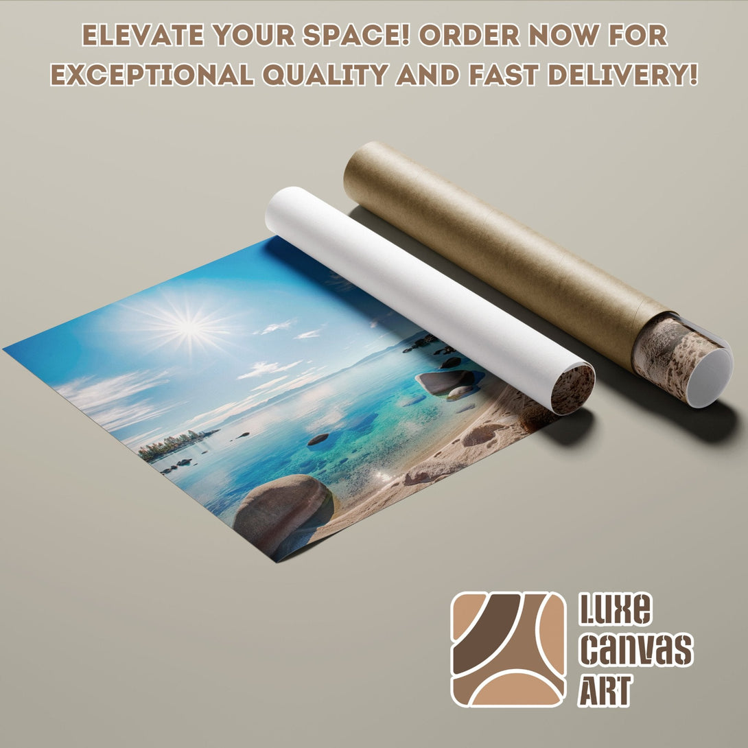Poster Roll featuring a serene beach scene, vibrant blues and warm earth tones. Elevate your space!