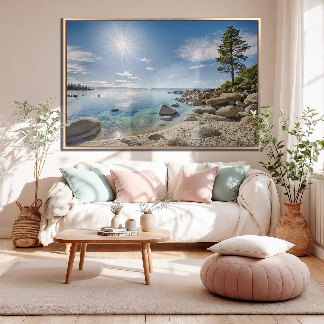 Framed Wall Art of a serene beach scene with blue water and sky. Coastal style, warm color palette. Perfect for living room decor.