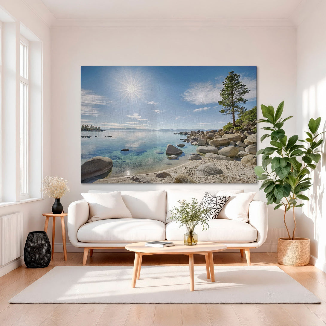 Framed Wall Art: Coastal landscape canvas print with blue sky, turquoise water, and golden frame. Adds a touch of serenity to any room.