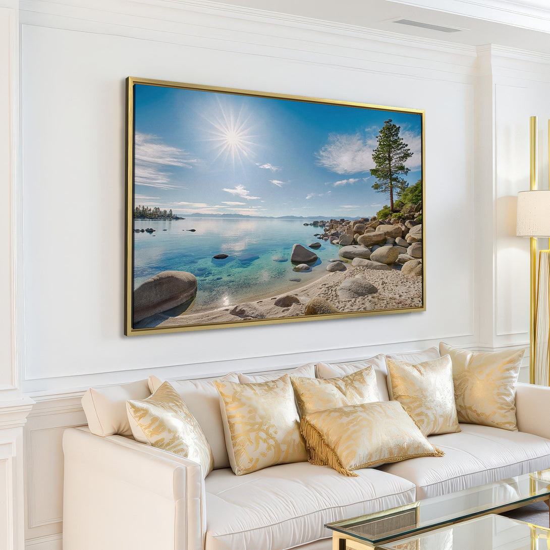 Canvas Print of a serene beach scene with blue water and sky, displayed in a modern living room. Coastal decor with a calming color palette.