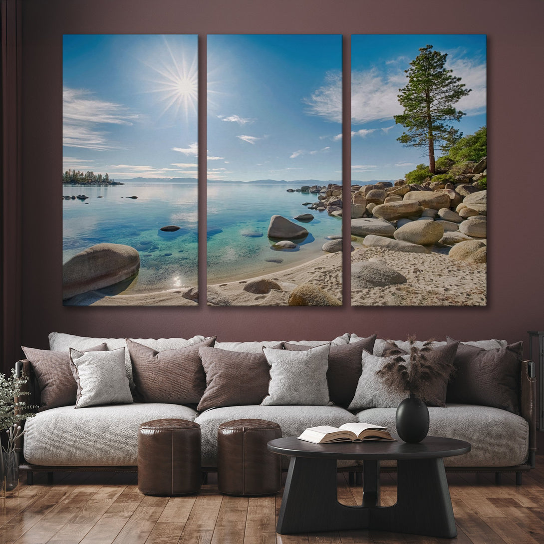 Canvas Print of serene lake landscape with blue, turquoise, and neutral tones. Coastal art for a calming interior.