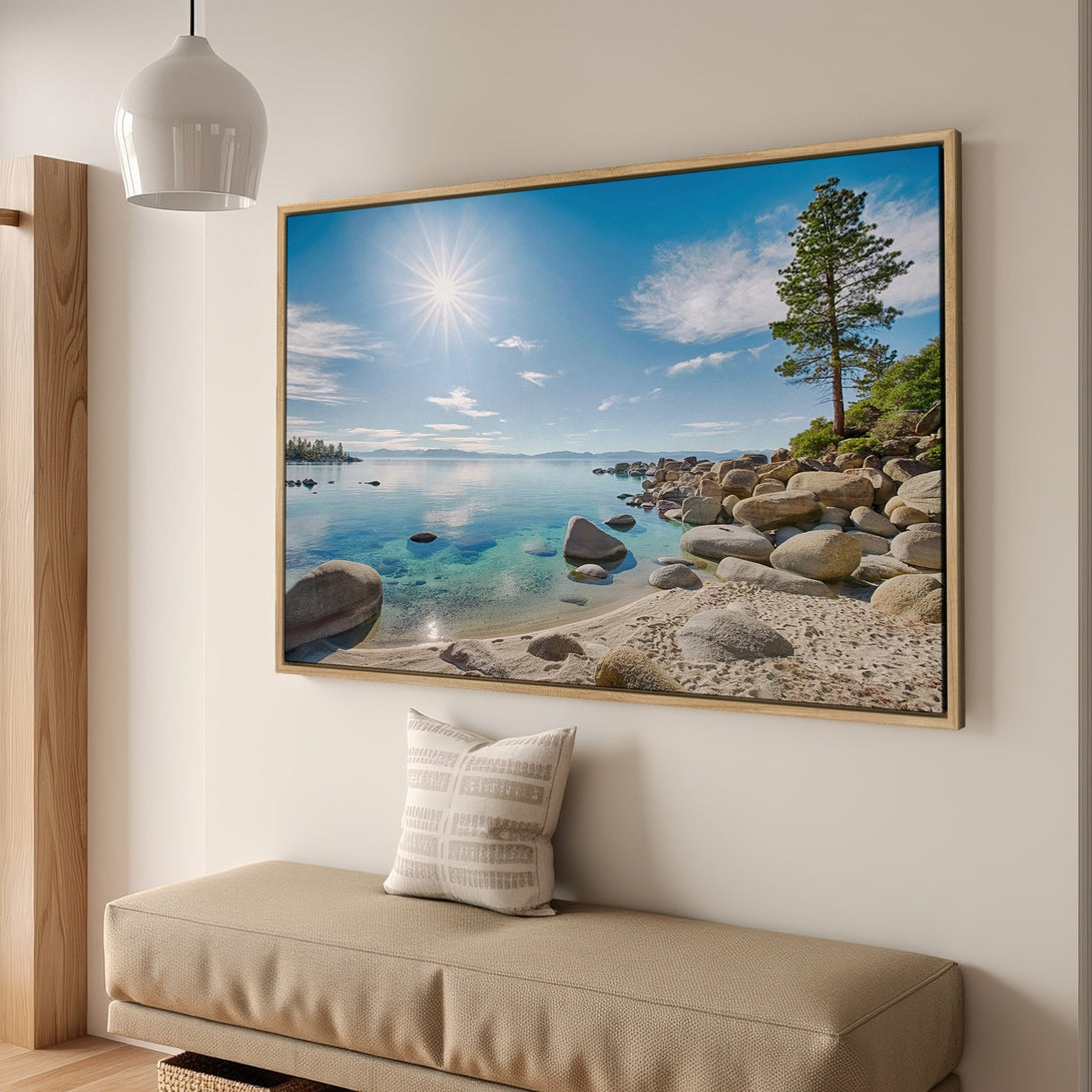 Framed Wall Art Canvas Print of scenic lake landscape with blue sky and sunny day. Coastal style art with neutral and blue tones.