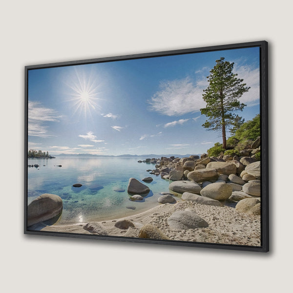 Framed Wall Art: Serene lake landscape Canvas Print with blue, turquoise, and sandy tones. Bring the beauty of nature into your home!