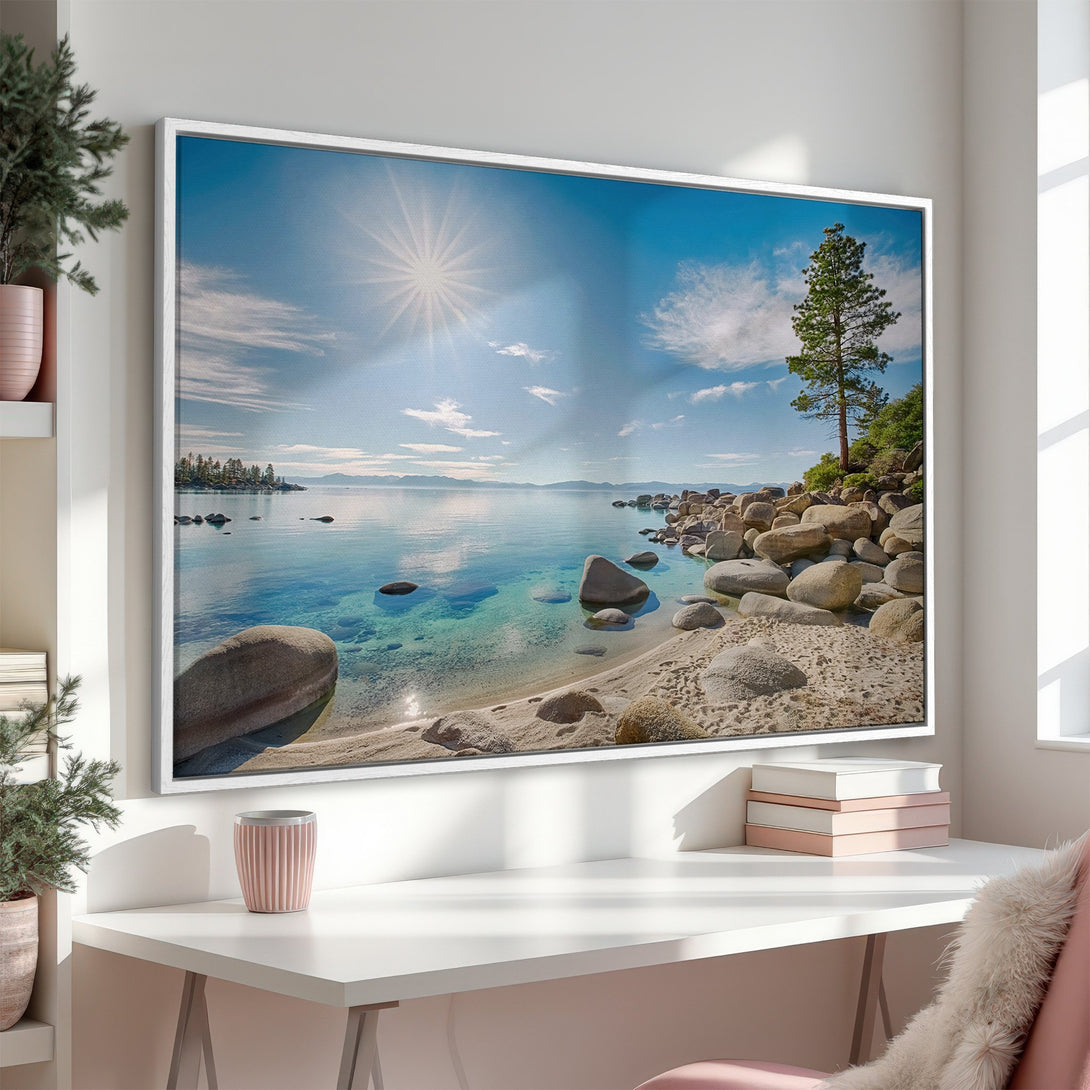 Framed Wall Art: Serene lake landscape Canvas Print. Blue, turquoise, and beige color palette. Coastal art for a calming interior.