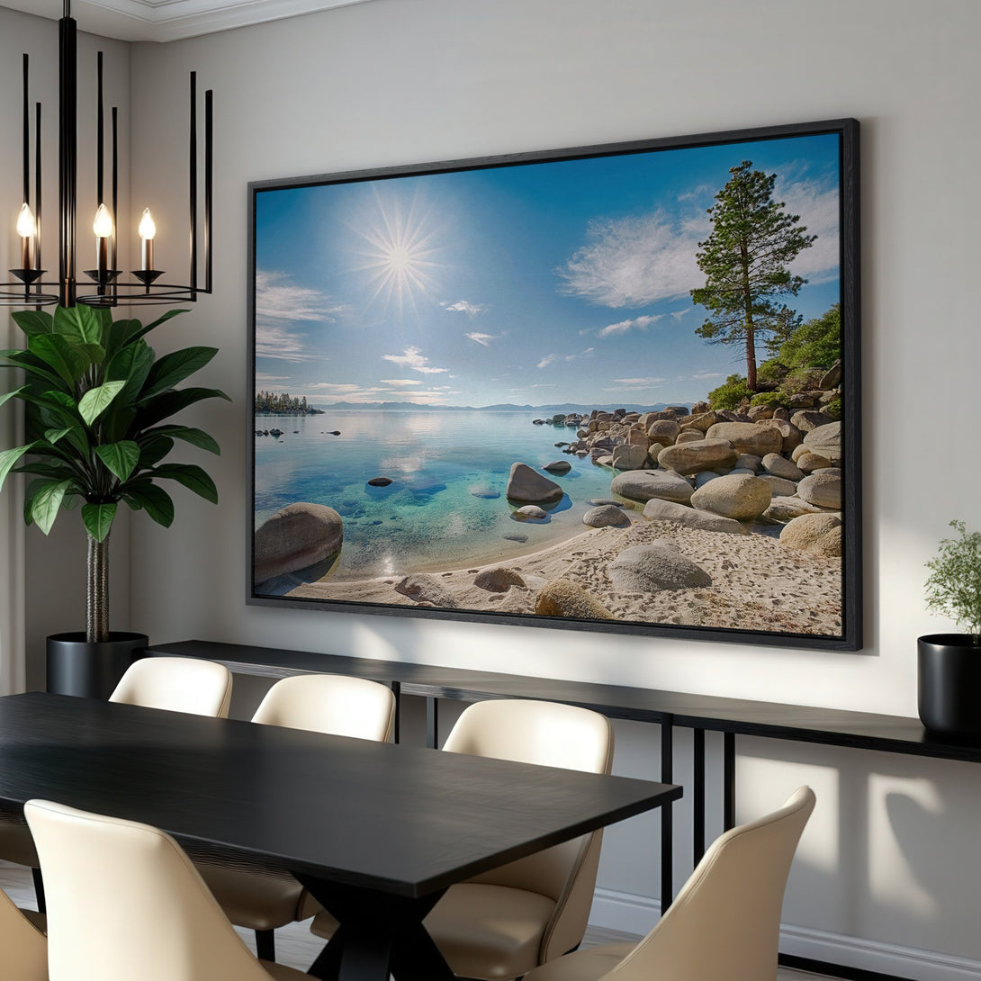 Framed Wall Art: Stunning landscape Canvas Print of a serene beach scene with blue water, sunny sky, and neutral tones. Perfect for adding a calming touch!