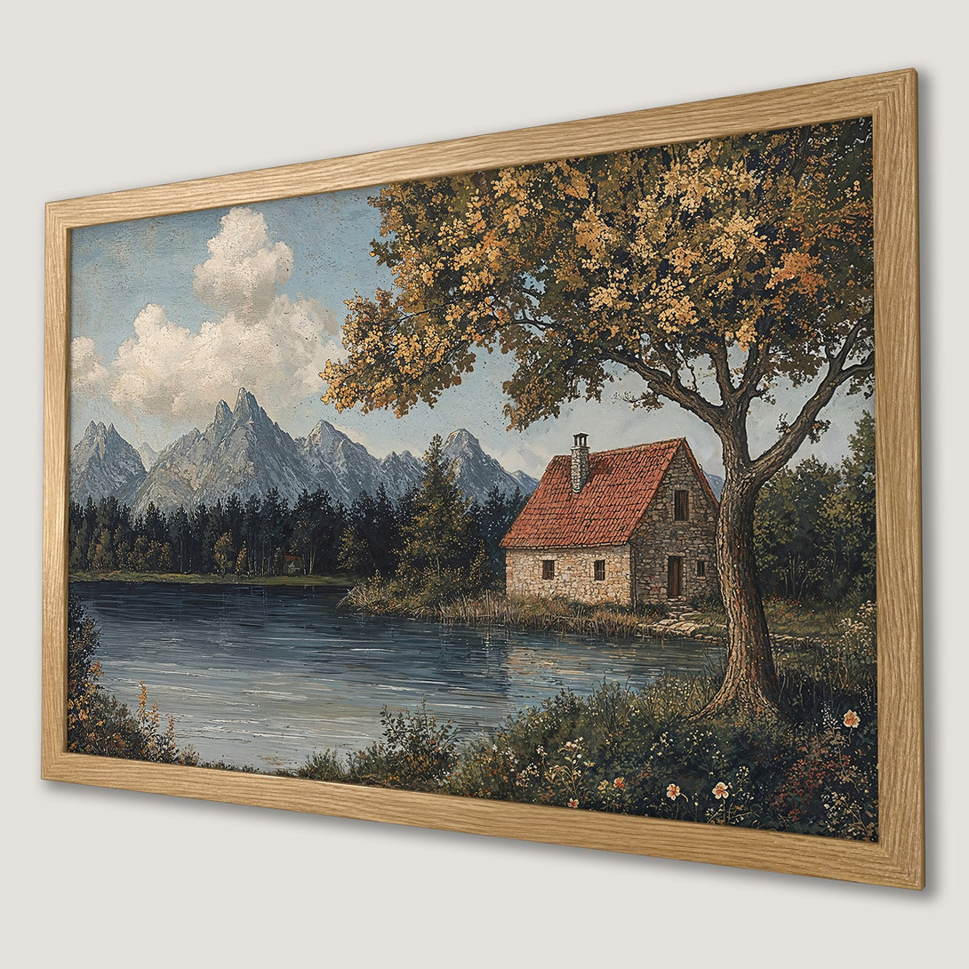 Framed Poster featuring a serene landscape painting with a cabin and lake, in a vintage style with earthy tones.