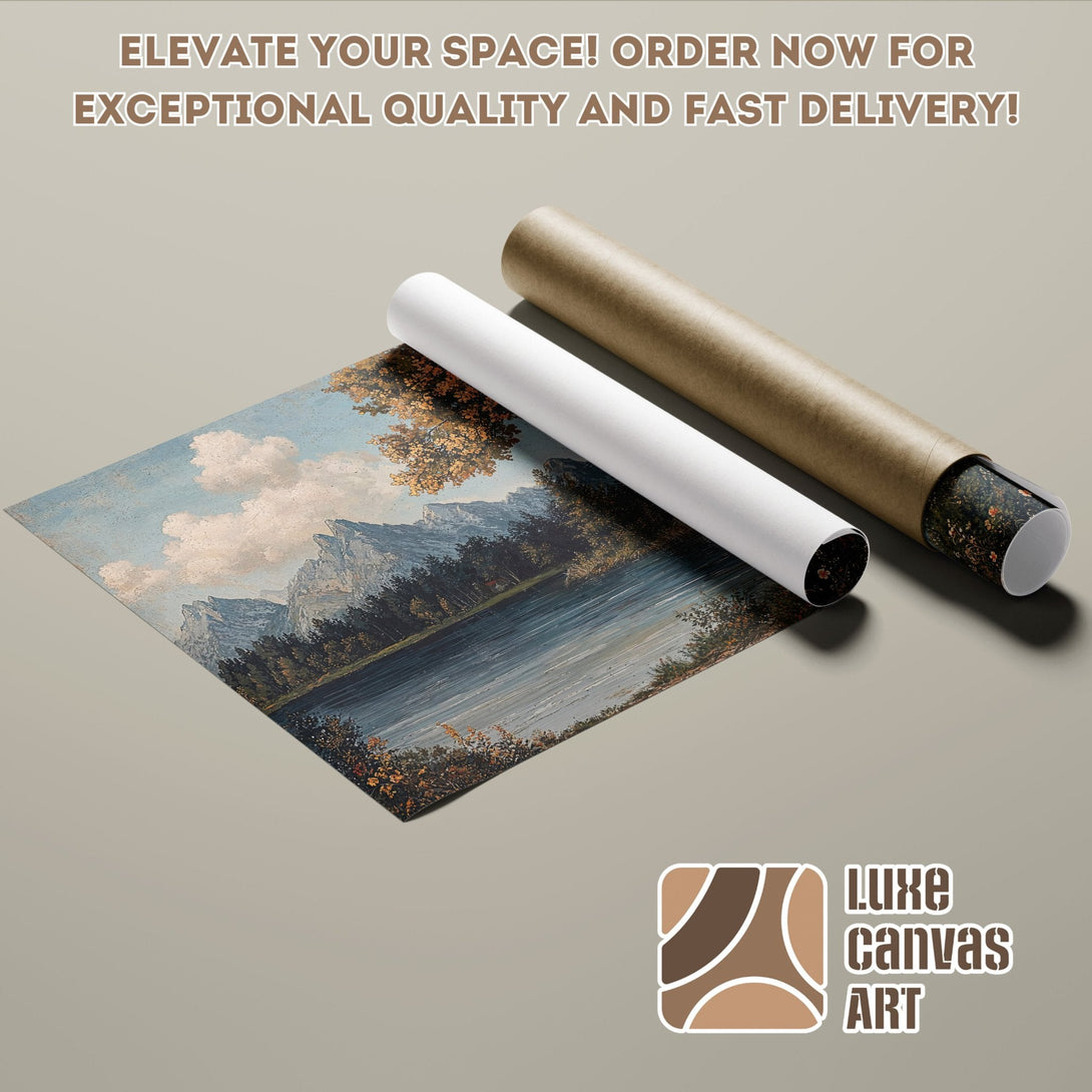 Poster Roll featuring a landscape painting in blue, green, and gold tones. Elevate your space with Luxe Canvas Art!