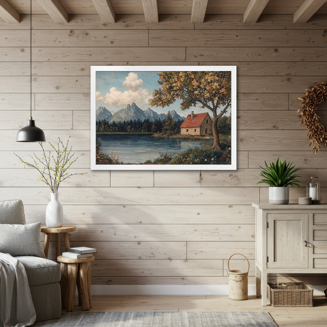 Framed Poster of a serene landscape with a cabin, mountains, and lake. Warm, earthy tones in a classic, vintage style. Perfect wall art!
