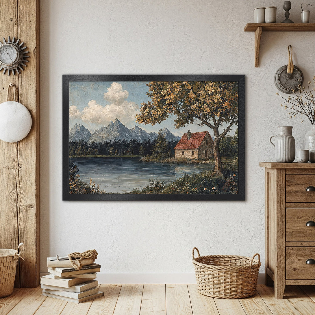Framed Poster of a serene landscape with a lake, mountains, and a house. Vintage style, warm color palette. Perfect wall art.