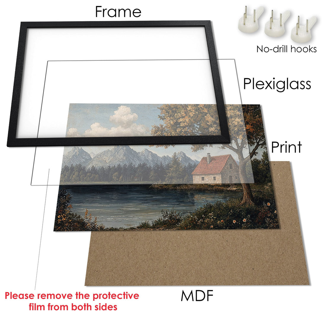 Framed Poster: Landscape art print with a serene mountain scene in a black frame. Earthy tones and classic style. Perfect wall decor.