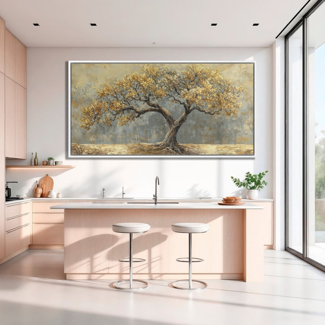 Framed Wall Art: Stunning tree painting in a modern kitchen. Earthy tones of gold, gray, and beige create a serene and stylish ambiance. Elevate your space!