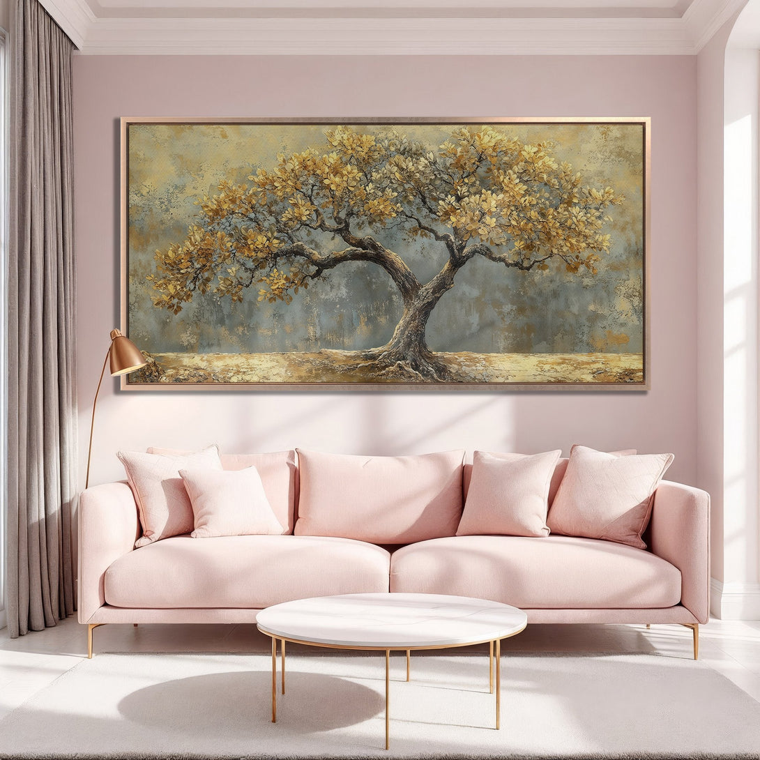Framed Wall Art: Elegant tree art print with gold and gray tones, perfect for adding a touch of nature to your living room. Shop now!