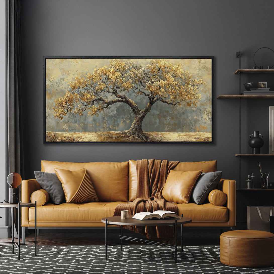 Framed Wall Art: Golden tree painting in a modern living room. Earthy tones of gold, brown, and gray create a warm, inviting atmosphere.