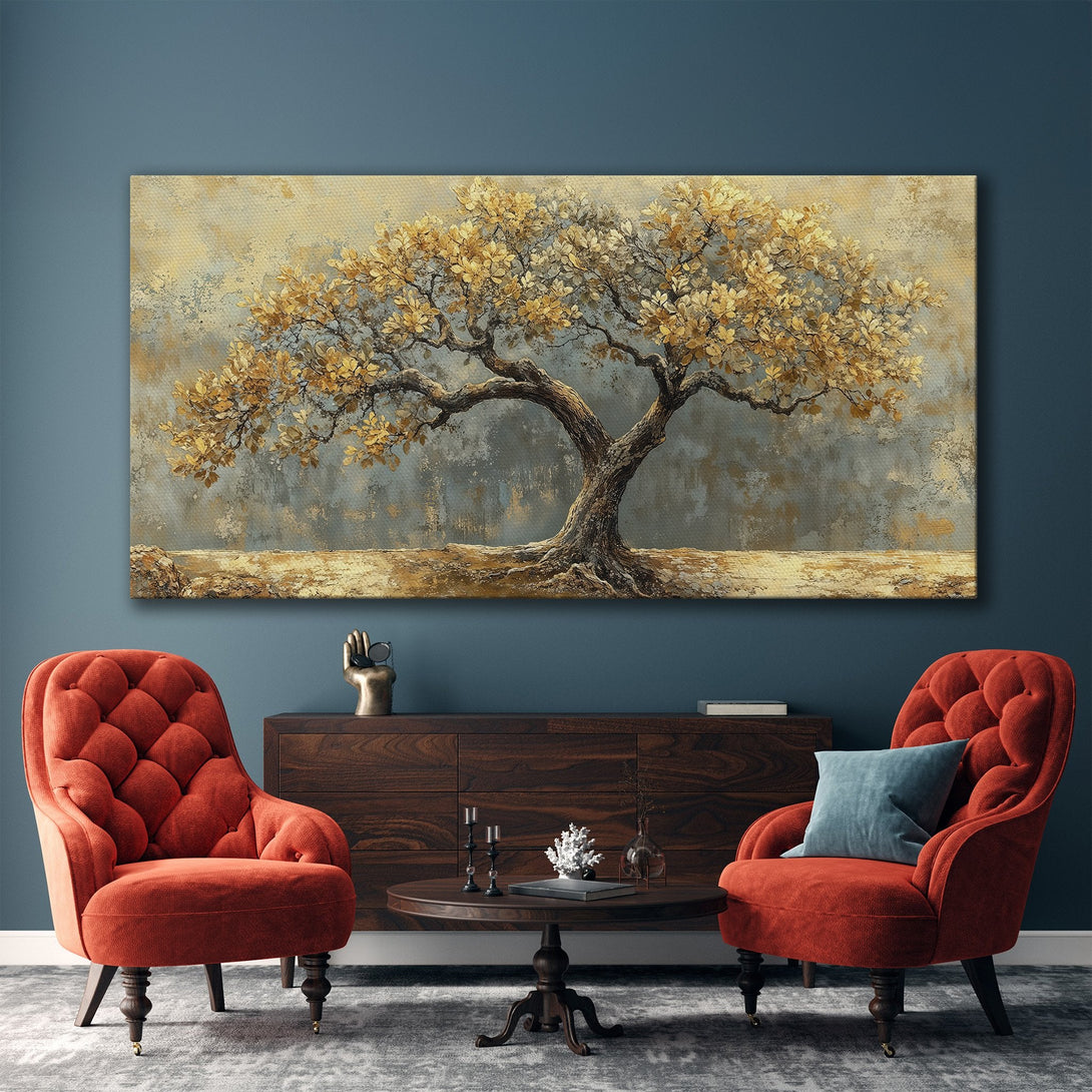 Framed Wall Art: Abstract tree art in gold and gray tones. Enhance your living room with this stylish canvas print. Warm, inviting color palette.
