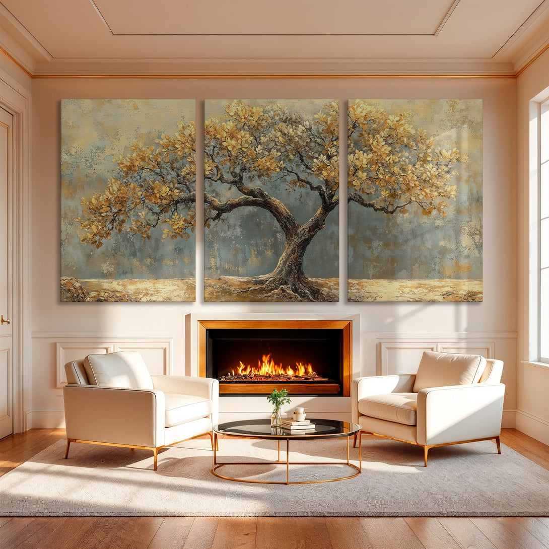 Canvas Print of an abstract tree painting in gold and blue tones, displayed above a fireplace. Modern wall art for your home.