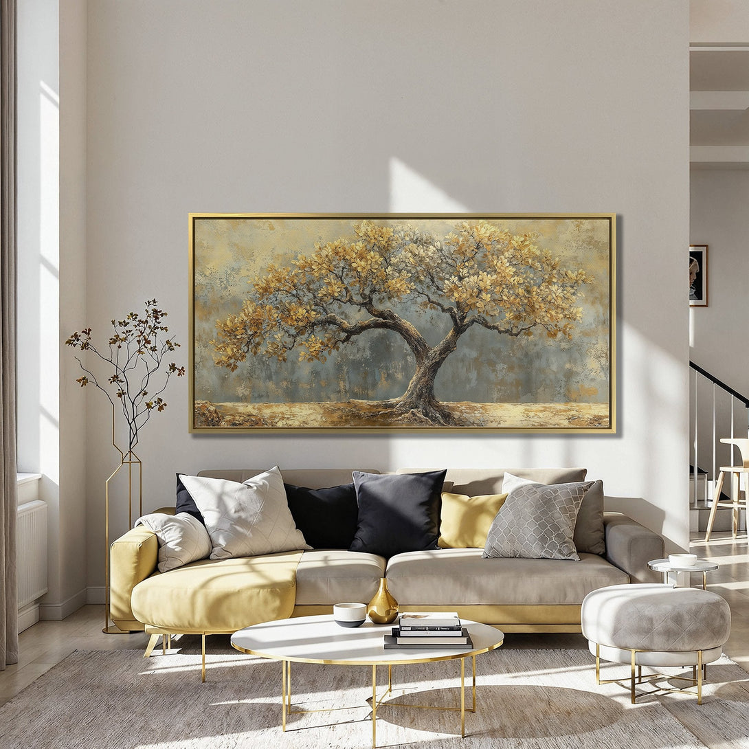 Canvas Print of a majestic tree in gold and neutral tones, perfect for adding a touch of elegance to any living space.