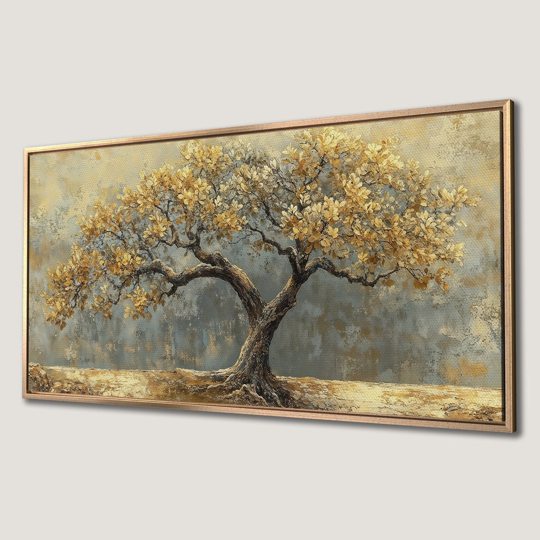 Framed Wall Art: Stunning abstract tree painting in gold and gray tones. Add a touch of elegance with this beautiful canvas print.