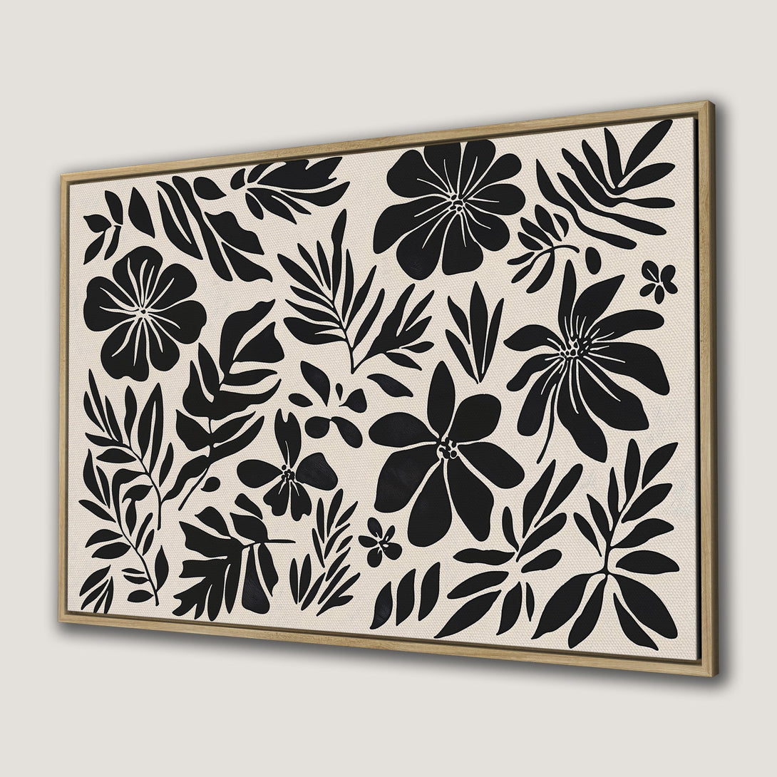 Framed Wall Art: Black floral print on beige canvas. Modern botanical art in a neutral color palette, perfect for home decor.