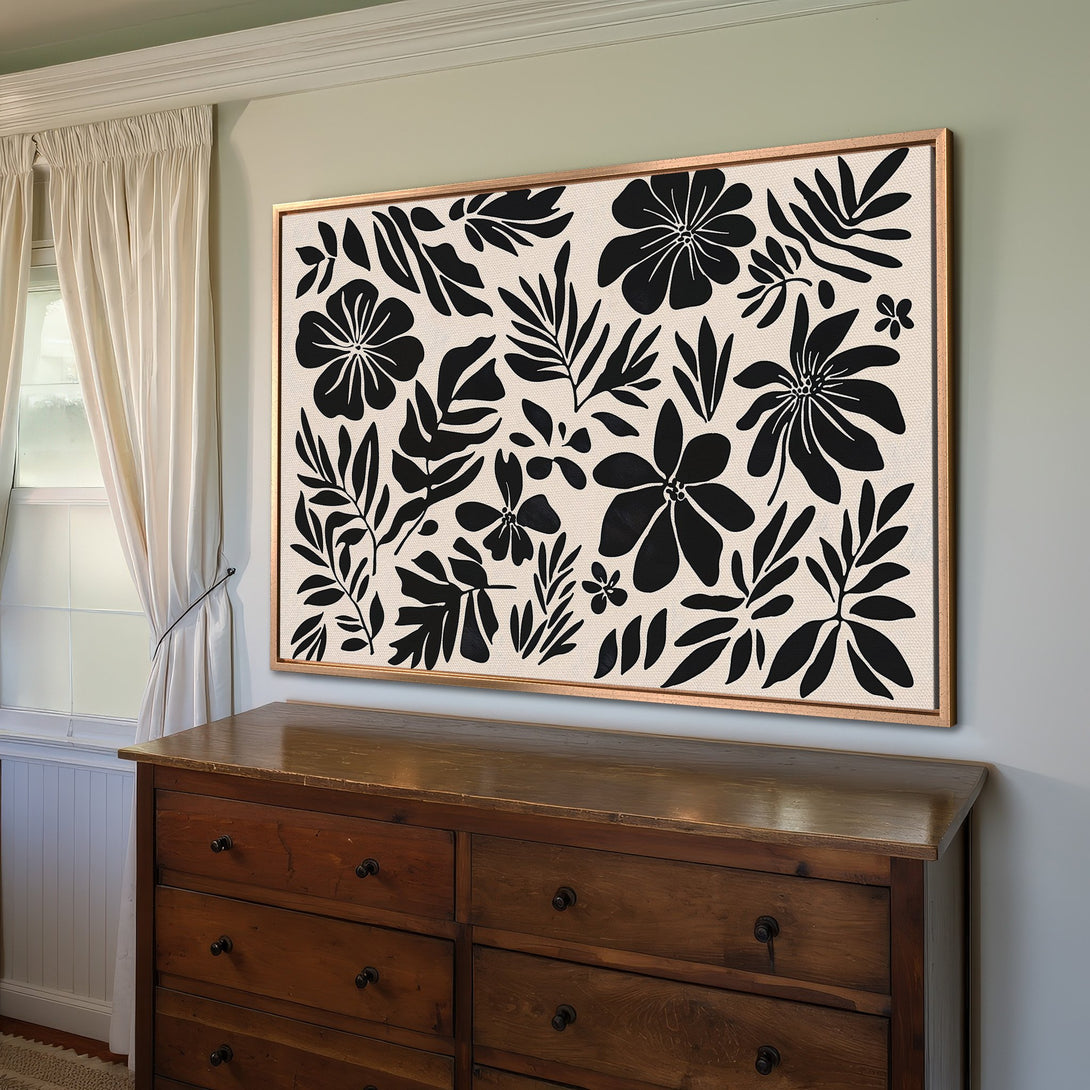 Framed Wall Art featuring a black and white floral design. Modern botanical Canvas Print with a neutral color palette, perfect for any interior.