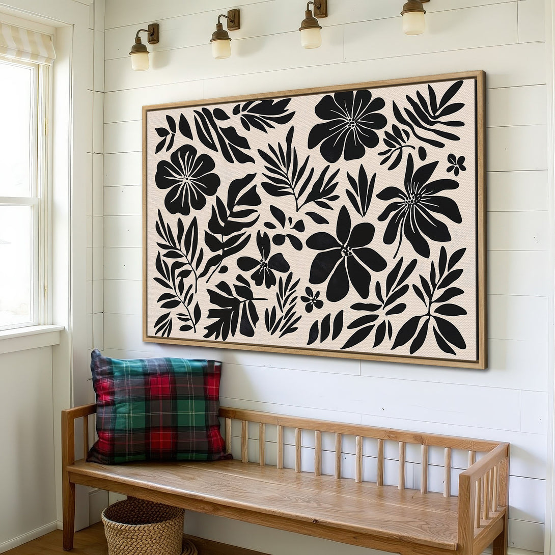 Framed Wall Art: Black floral design on beige canvas. Modern botanical print in a neutral color palette, perfect for adding style to your space.