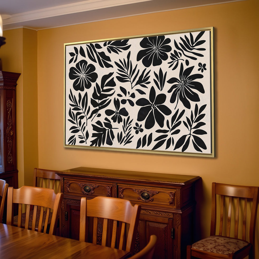 Black and white floral Canvas Print, modern botanical art for living room decor. Neutral color palette, stylish wall art.