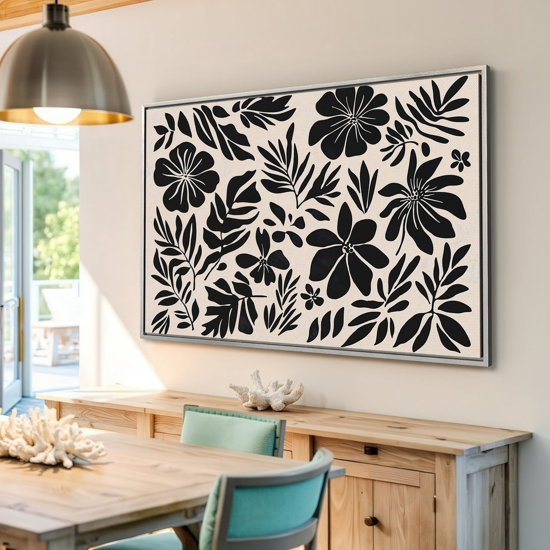 Framed Wall Art featuring a black and cream floral design in a modern style. Perfect for adding a touch of elegance to your home decor.