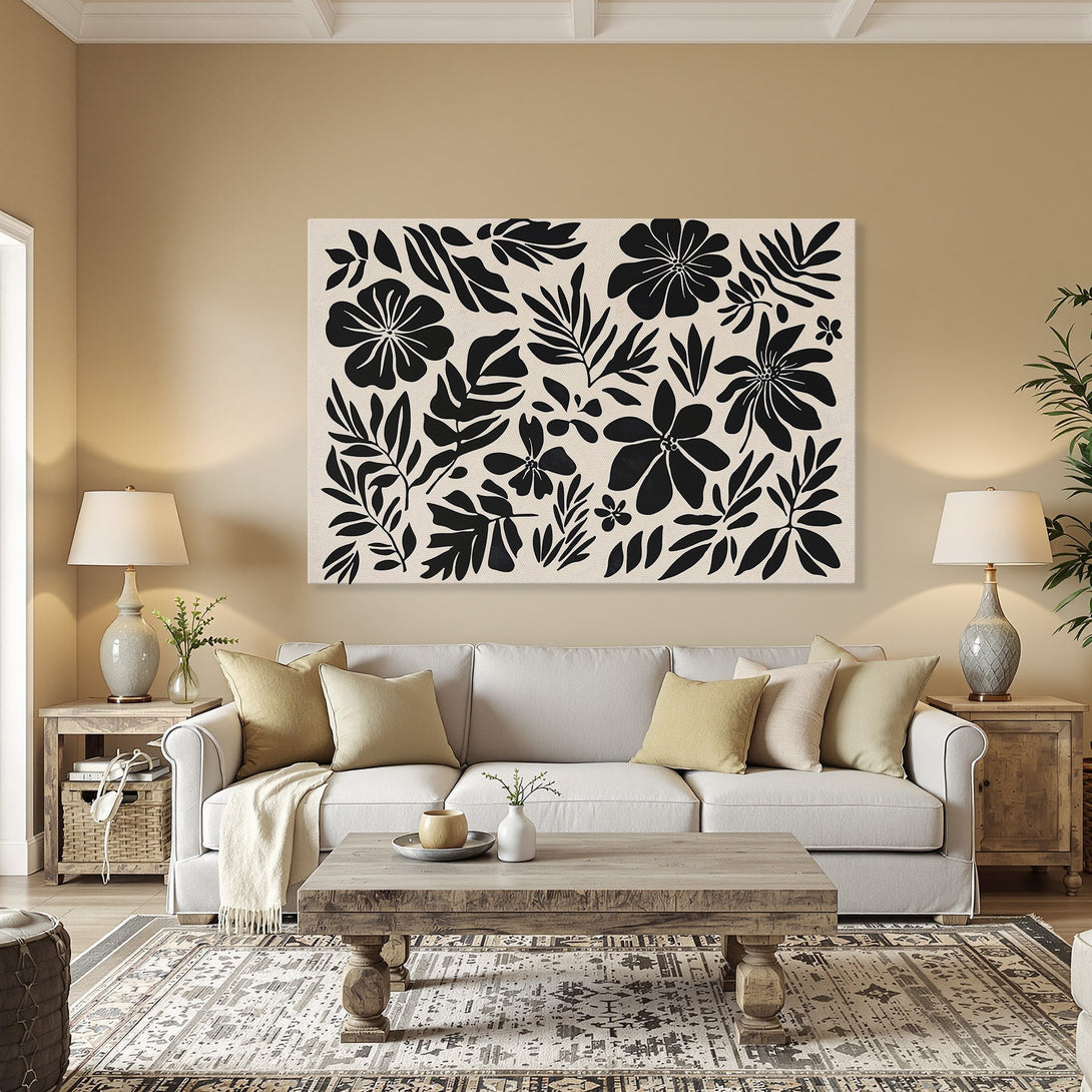 Framed Wall Art: Black and white floral print canvas art, modern botanical style, adds elegance to any interior. Shop now!