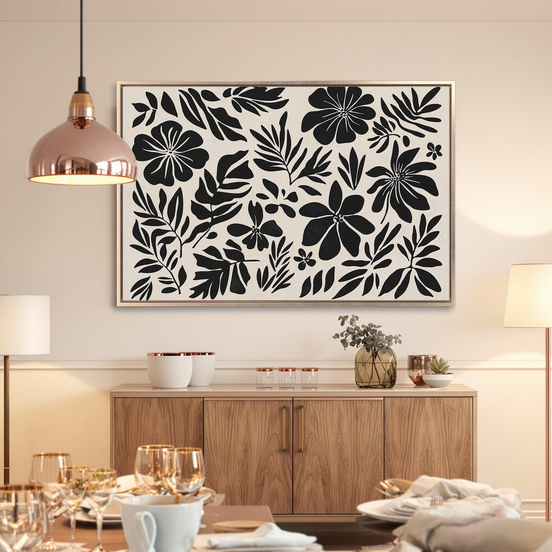 Framed Wall Art: Black & white floral canvas print. Modern botanical art in a neutral color palette. Perfect for dining room decor.