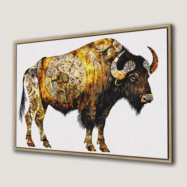 Canvas Print of a majestic bison in an artistic, tribal style. Warm gold and brown tones create a stunning wall art piece.