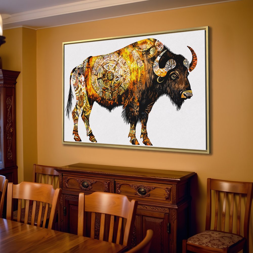 Canvas Print of a majestic bison in a warm, earthy color palette. Tribal-inspired art for your home.
