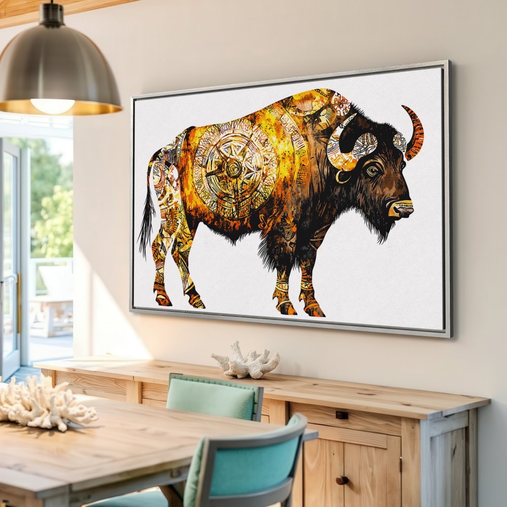 Framed Wall Art: Majestic bison illustration in warm gold and brown tones. Perfect for adding a touch of boho style to your home decor.