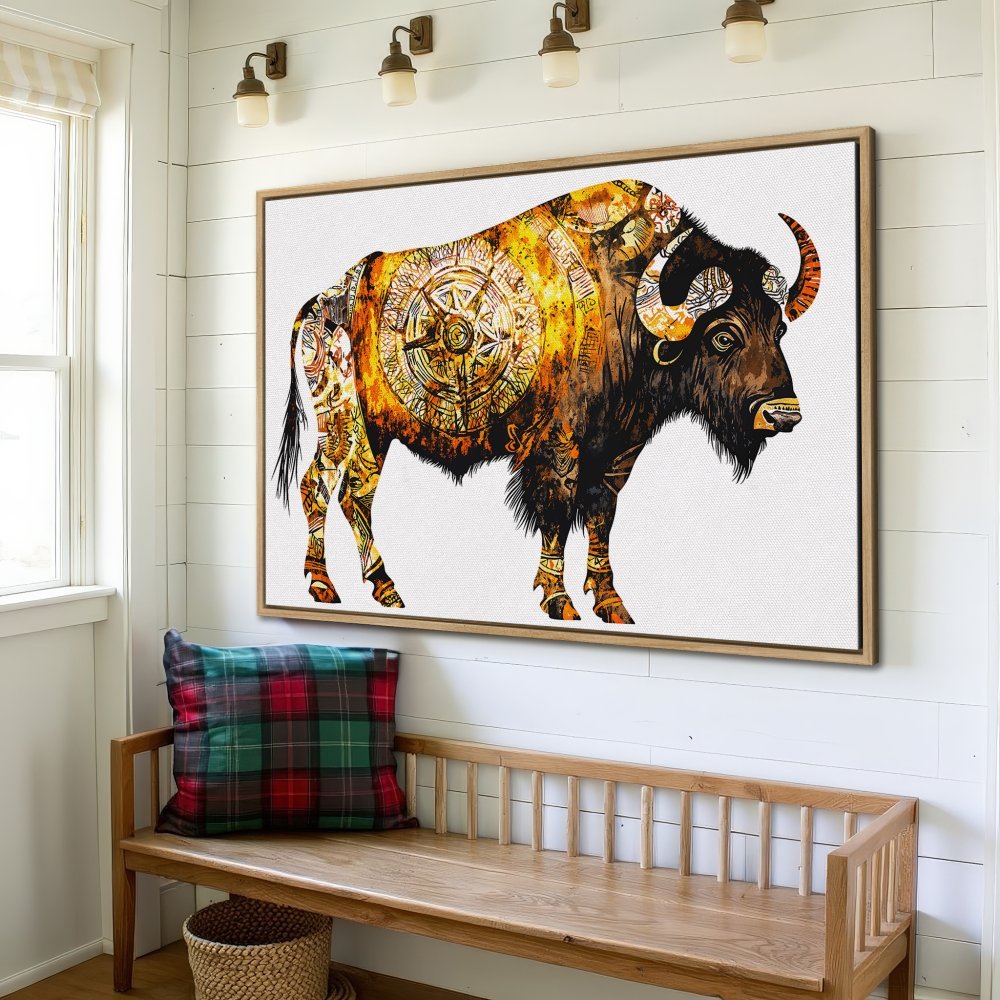 Framed Wall Art: Stunning bison canvas print in warm orange and gold tones, perfect for rustic or bohemian home decor.