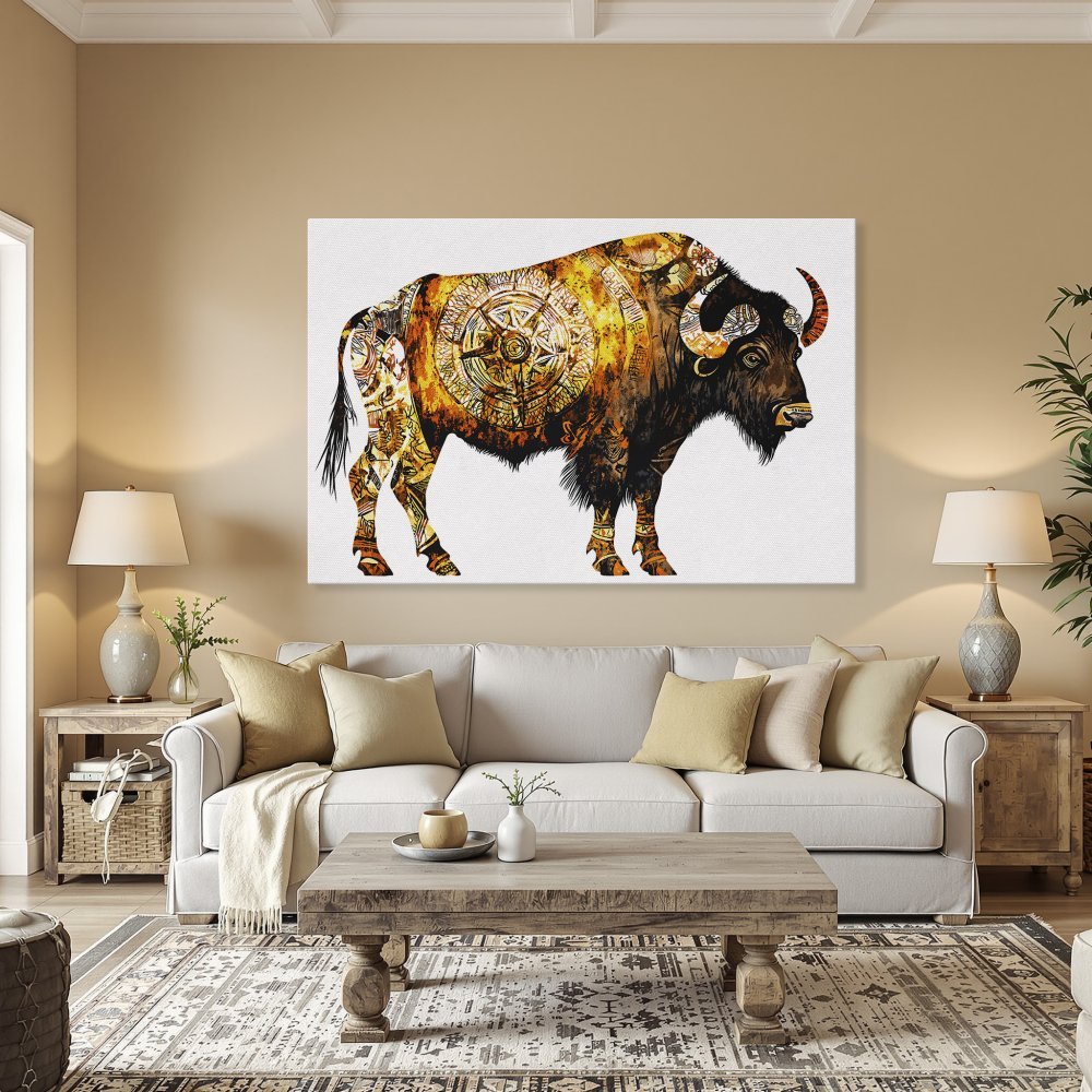 Framed Wall Art: Majestic bison Canvas Print in warm orange and brown tones, perfect for adding a touch of rustic elegance to your home decor.