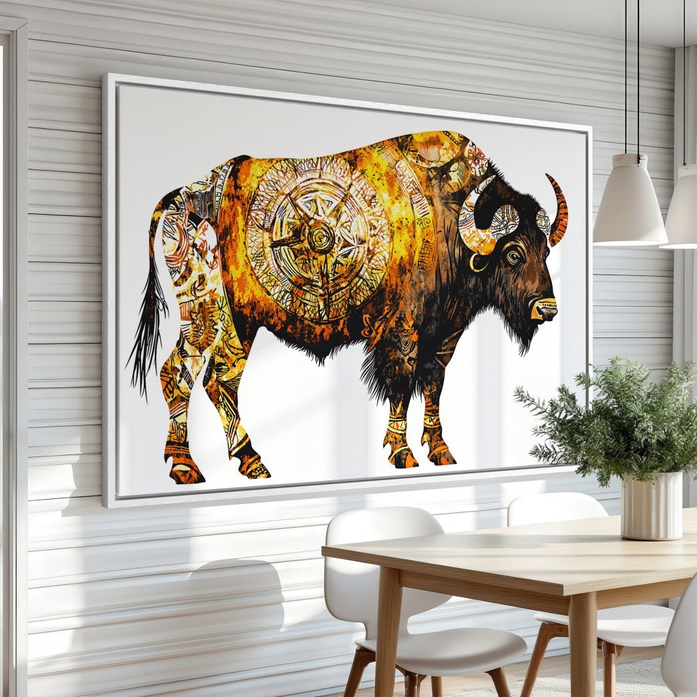 Framed Wall Art: Stunning bison art print in warm orange and black tones. Elevate your space with this unique, tribal-inspired canvas print. Shop now!