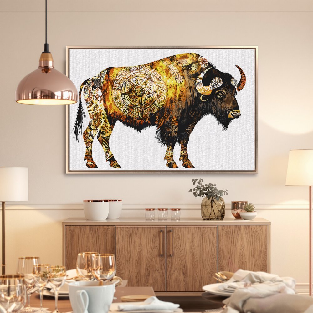 Framed Wall Art: Majestic bison in warm gold and black tones. Add a touch of boho style to your home with this stunning Canvas Print!