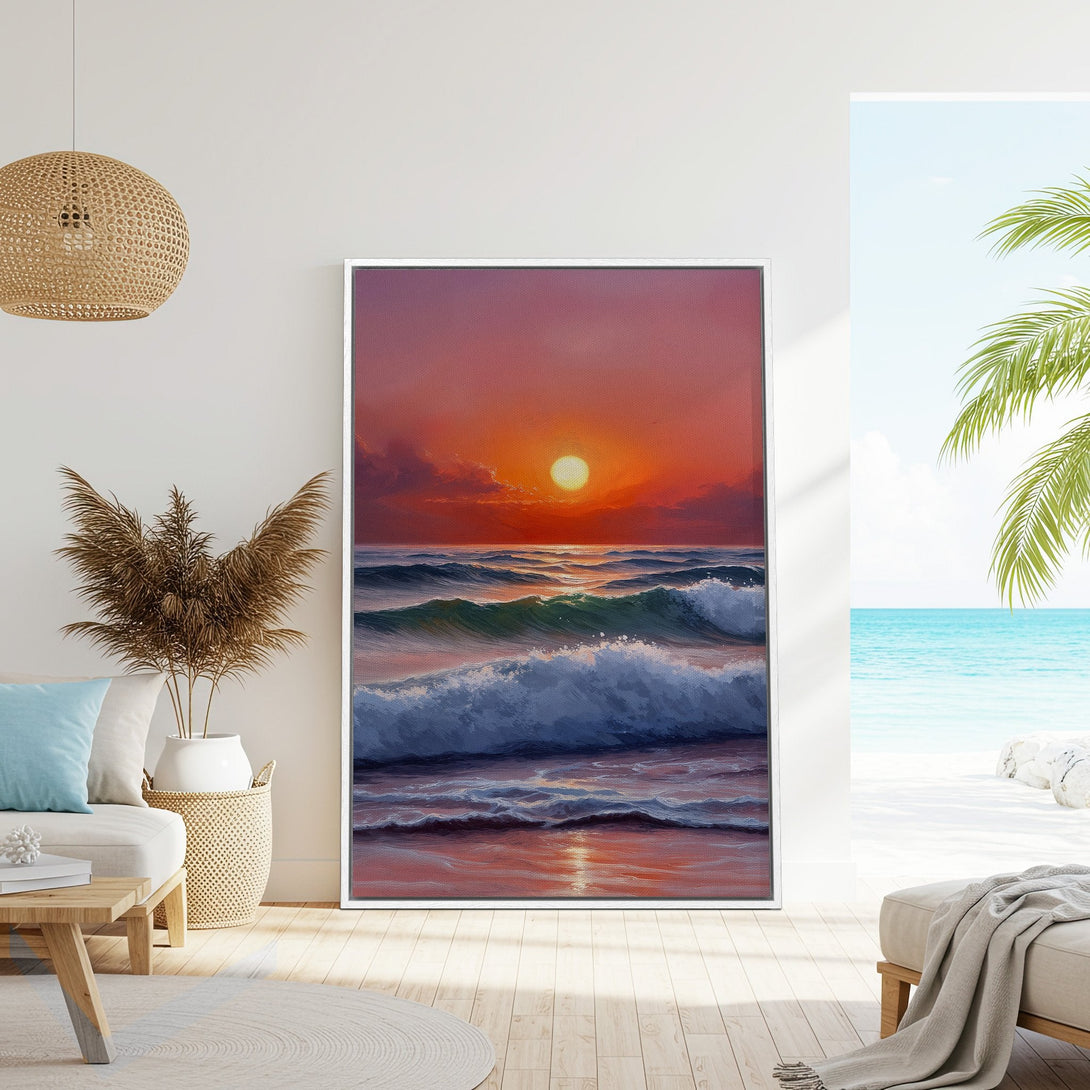 Framed Wall Art: Coastal sunset canvas print in warm orange, pink, and blue tones. Perfect for beach house decor, this art adds a touch of serenity.