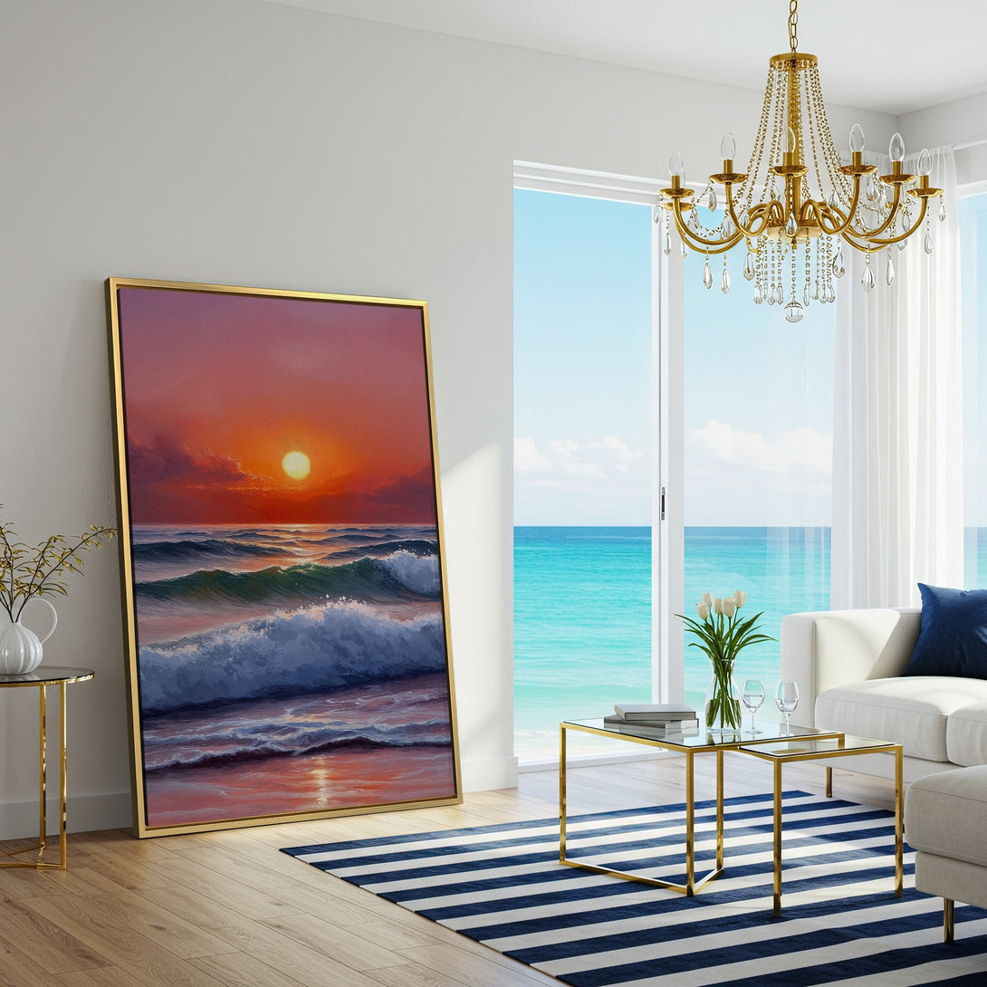Canvas Print of a sunset over ocean waves, warm orange and blue color palette, displayed in a modern living room.