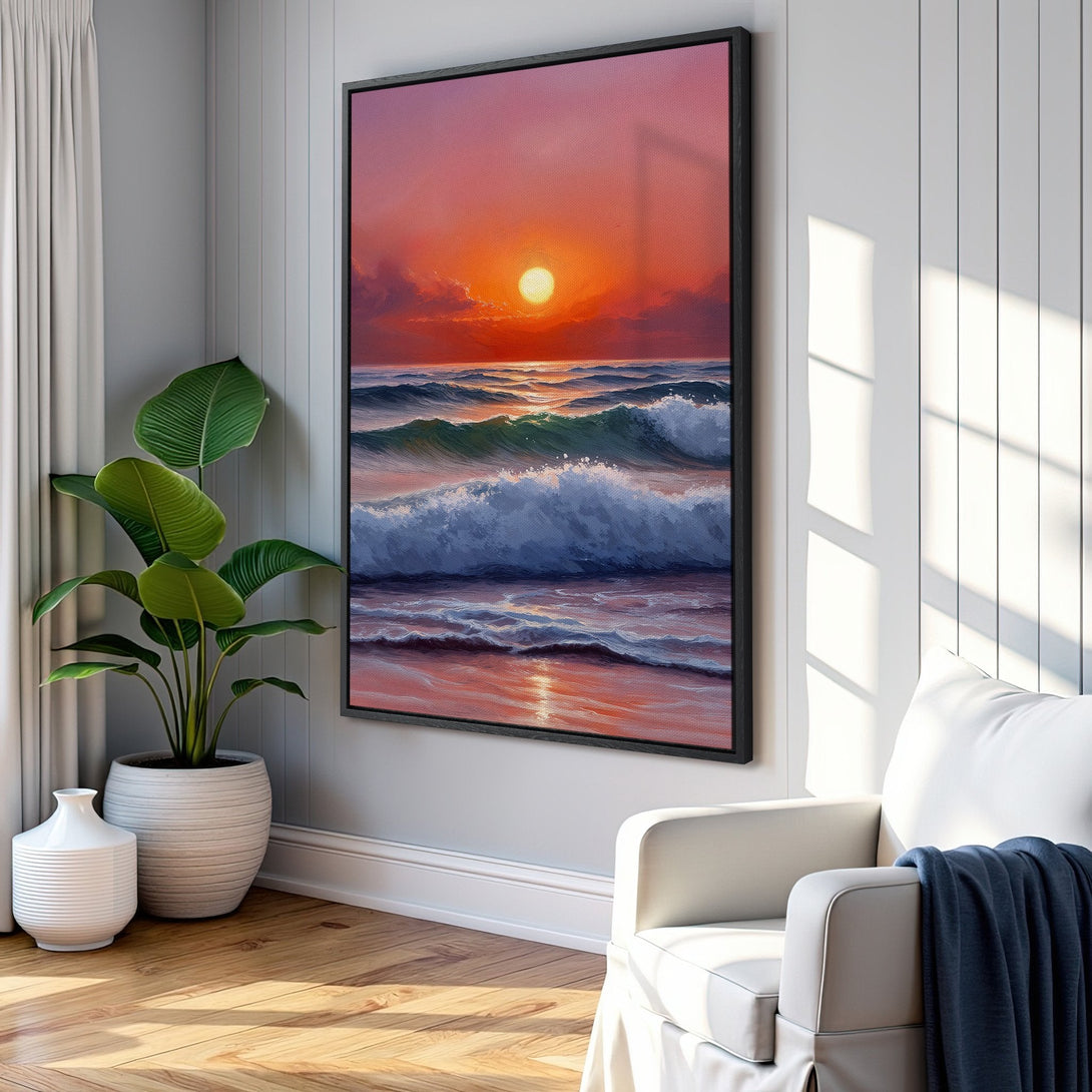 Framed Wall Art: Ocean sunset canvas print in warm red and blue tones. Coastal art perfect for living rooms. Bring the beach home!