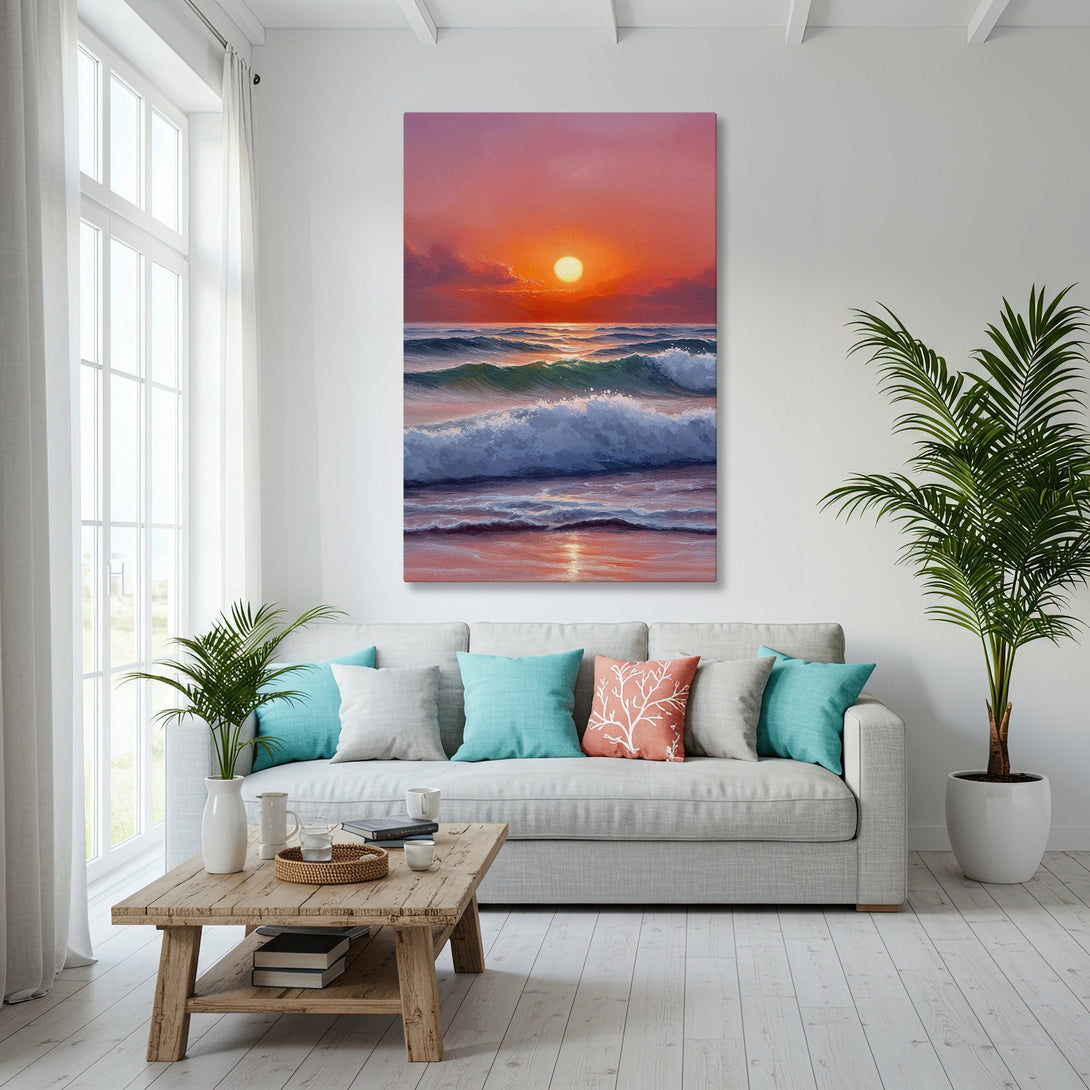 Framed Wall Art: Sunset over ocean waves in warm orange and blue tones. Coastal decor inspiration for living room.