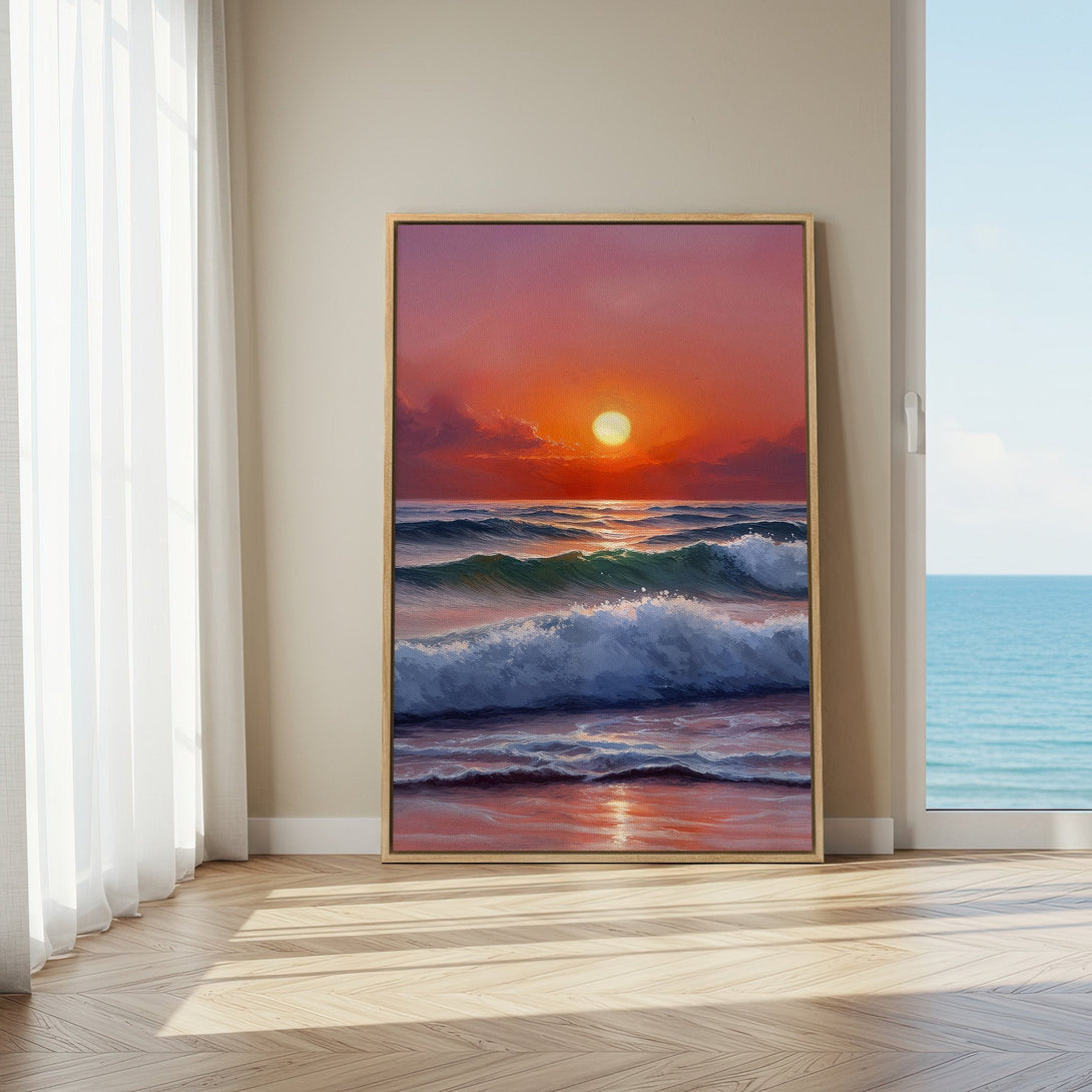 Framed Wall Art of a sunset over ocean waves, warm red and orange hues. Coastal decor Canvas Print for a relaxing home.